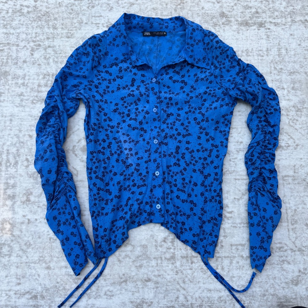 Zara Blue Floral Ruched Sleeve Asymmetric Button Down Shirt Small Y2K Cottage